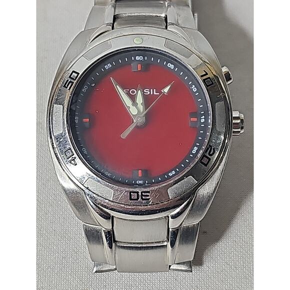 Fossil Big Tic Watch AM-3847 Silver Tone Red Face - Dead Battery - Picture 2 of 12
